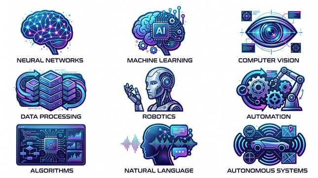 Futuristic artificial intelligence icon collection featuring neural networks, machine learning, computer vision, data processing, robotics, and automation symbols, bold vector design.