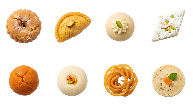 Top view of an organized grid of eight assorted traditional Indian sweets and mithai including balushahi, flaky pastry with pistachio, white cream sweet, silver kaju katli, orange laddoo and jalebi