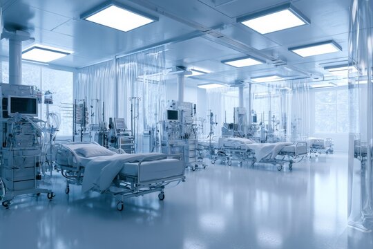 Hospital ward with medical equipment and empty beds during daytime