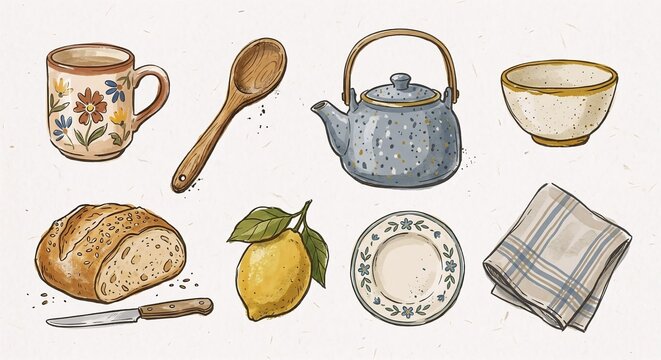 Hand-drawn kitchen object collection featuring mug, teapot, bowl, spoon, bread and lemon with imperfect lines and tactile handmade textures.