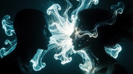 Fototapeta premium Two people face underwater with glowing light between. Surreal blue silhouettes connect through fluid energy waves, mystical sparks. Dreamlike encounter shows emotional bond, spiritual connection in