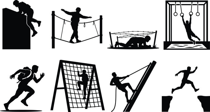 Black silhouette collection of military obstacle course training, commandos, and fitness activities on white background