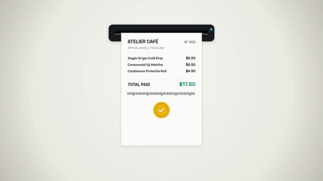Realistic animation of a digital receipt printing out from a slot with itemized prices and a green checkmark confirmation. Excellent for e-commerce, POS, cafe, and billing promos.