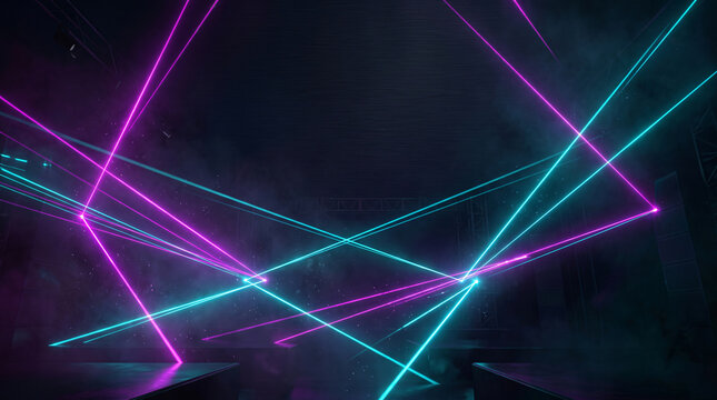 Vibrant neon blue and pink laser light beams crossing in a dark smoky environment