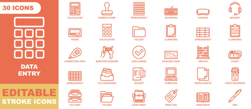 Data entry icon sheet featuring thirty orange outline symbols for office administration and business tasks
