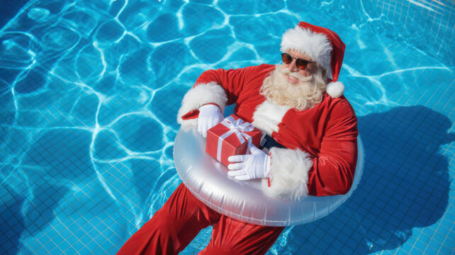 Santa Claus floating in a pool with a Christmas gift