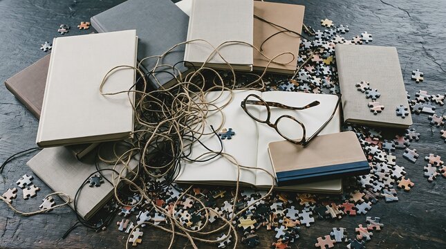 Top view of messy desk with books, tangled string, and unorganized puzzle pieces