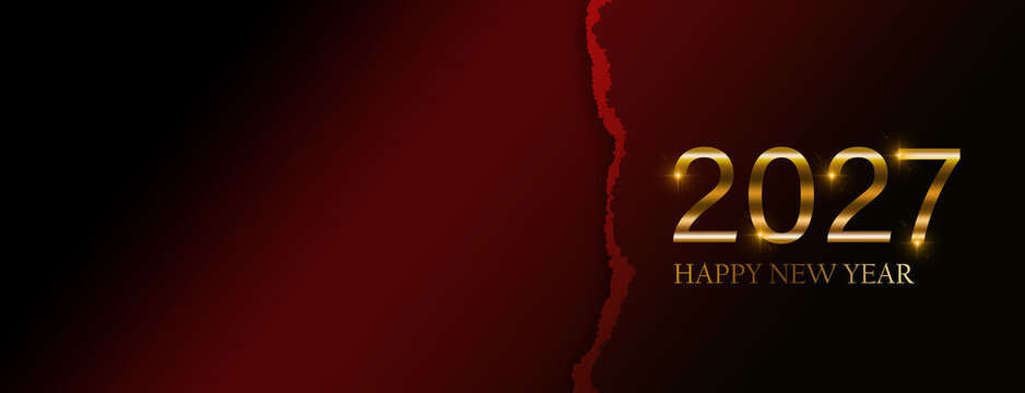 Happy New Year 2027 Gold Text on Dark Red Torn Paper Background with Luxury Glitter Effect