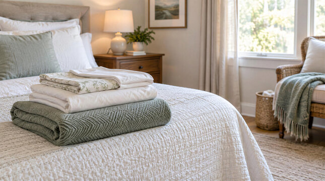 Fresh bedding stack on comfortable inviting bedroom bed
