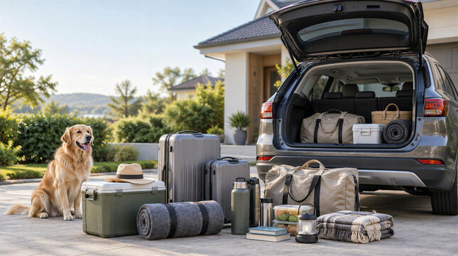 Golden retriever preparing for summer road trip with travel essentials