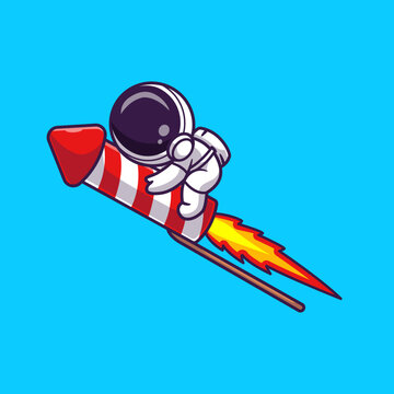 Cute Astronaut Flying With Fireworks Rocket Cartoon