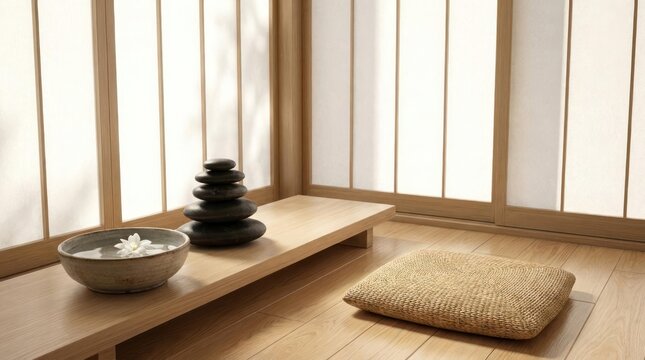 Zen meditation room with stacked stones and cushion on wooden floor