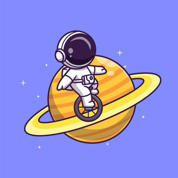 Cute Astronaut With Unicycle Bike On Planet Cartoon