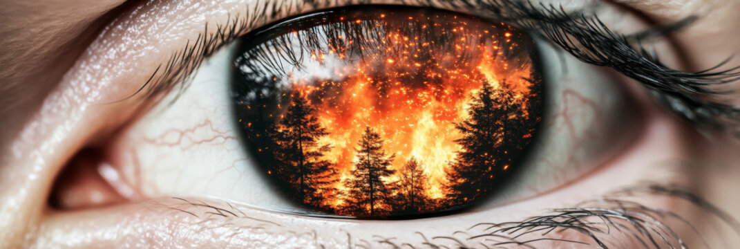 Closeup human eye reflecting apocalyptically massive fire destroyed forest