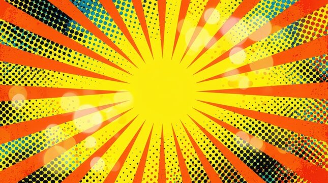 Bright yellow and red comic book style sunburst background with halftone dots and radial light rays for graphic design projects