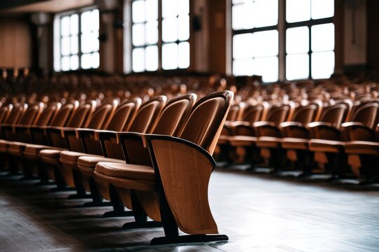 Empty chairs in a large hall with many windows during daytime