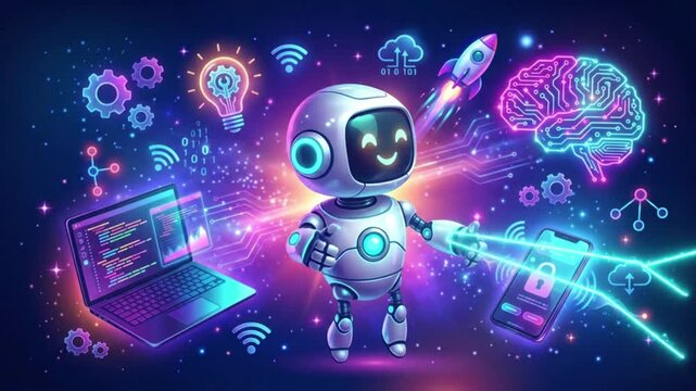 Cute robot character with artificial intelligence