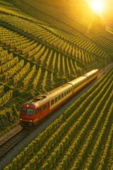 Naklejka premium Passenger train curves through ordered vineyard rows at sunset