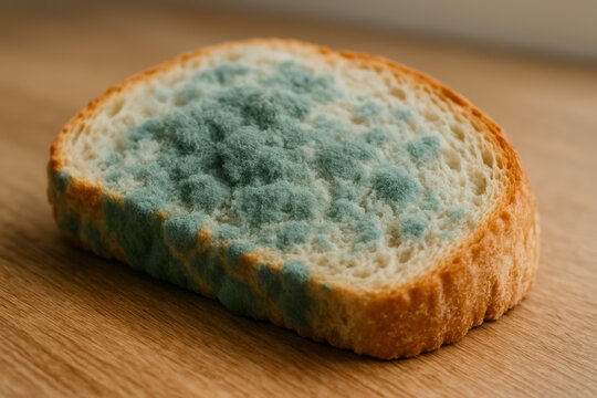Mold covered bread slice resting on a wooden cutting board
