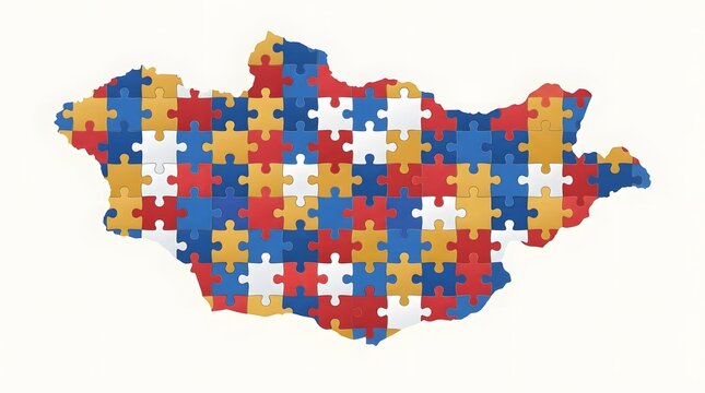 Map of mongolia made of colorful jigsaw puzzle pieces on white background with map outline