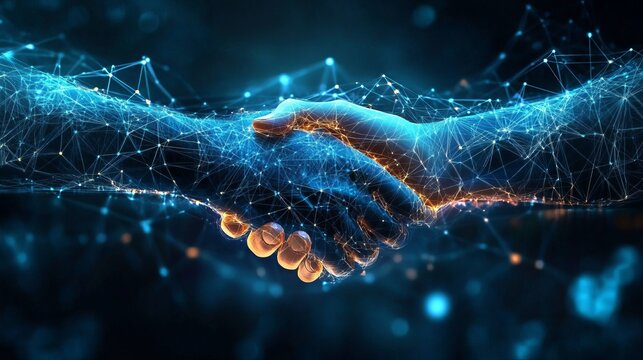 Digital handshake connecting glowing network nodes representing modern business partnership agreement and global cyber technology integration