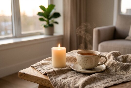 Candle, tea and textured linen for home wellness, relaxation and cozy evening ritual concepts.