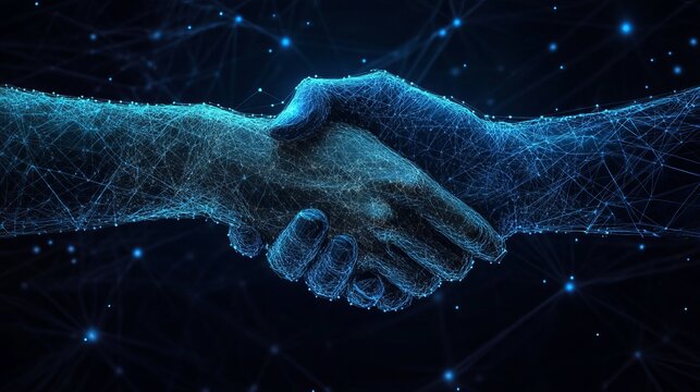 Digital handshake connecting two hands with glowing blue network nodes and cyber data lines in cyberspace background