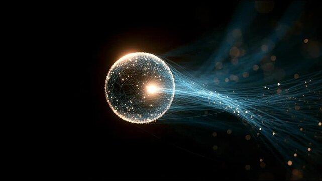 Glowing network sphere sends blue fiber-optic streams across a dark background, symbolizing digital connectivity and data flow