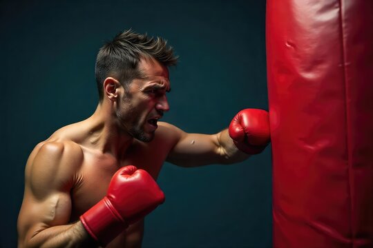 A stressed-out individual unleashes their frustration by punching a punching bag, sweat dripping, muscles tense  The image captures raw emotion and the release of pent-up anger ,  energy,  strength