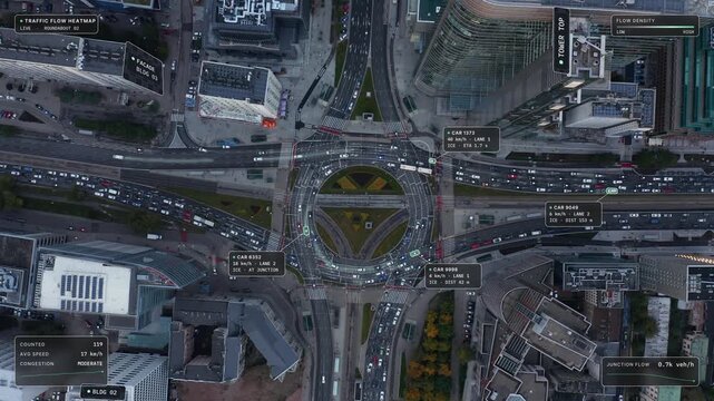 Top down aerial view of Warsaw: traffic jam on a large roundabout between high rises with traffic flow heatmap overlay, green density glow on the lanes and congestion readout. Concept of smart city
