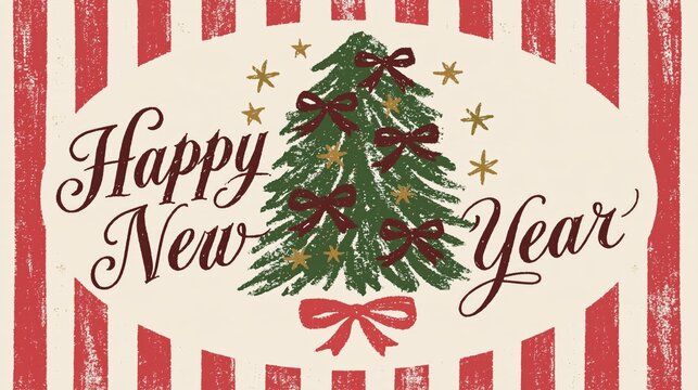 Event Happy New Year Vintage Christmas Tree Illustration with Red Bows and Stars