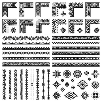 Set of black tribal ornament corners borders and geometric ethnic
