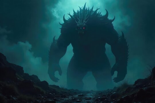 A terrifying, shadowy creature lurking in the darkness, its form barely visible, hinting at immense size and power Its menacing presence fills the frame with dread and unease , abyss, gothic