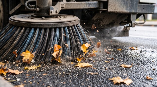 A close-up shot of the rotating brushes of a modern street sweeper clearing fallen leaves and dust from city asphalt. A minimalist urban maintenance concept with copy space.
