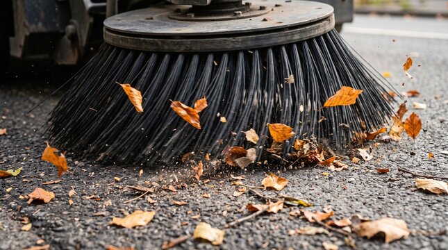 A close-up shot of the rotating brushes of a modern street sweeper clearing fallen leaves and dust from city asphalt. A minimalist urban maintenance concept with copy space.