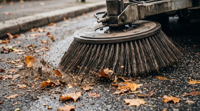 A close-up shot of the rotating brushes of a modern street sweeper clearing fallen leaves and dust from city asphalt. A minimalist urban maintenance concept with copy space.