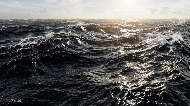 Rough ocean waves crashing under a bright sunlit sky