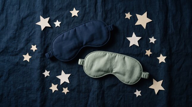 Two sleeping masks and decorative wooden stars on dark blue linen fabric flat lay background healthy sleep concept