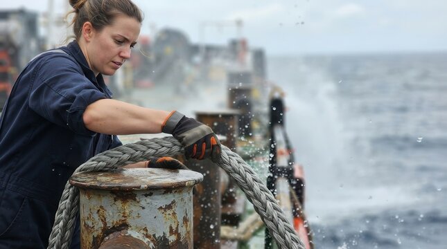 Female Marine Rigger Guiding Heavy Mooring Lines on Deck