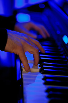 Musician Playing Synthesizer Keyboard In Blue Stage Lighting Close Up