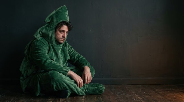 Sad depressed man in green dinosaur onesie costume sitting on floor against dark background