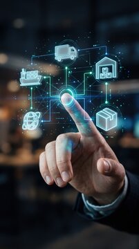 Hand touching glowing digital logistics network with transport and warehouse icons supply chain concept