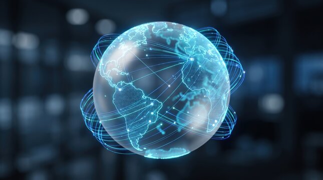Glowing digital earth globe with fiber optic network lines connection concept