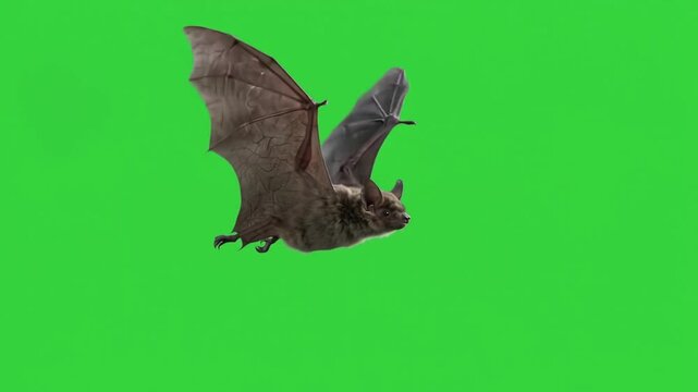 Realistic bat flying smoothly across the frame on a vivid green chroma key background, adult dark-colored bat with detailed fur and leathery wings, natural wing flapping and realistic flight movement,