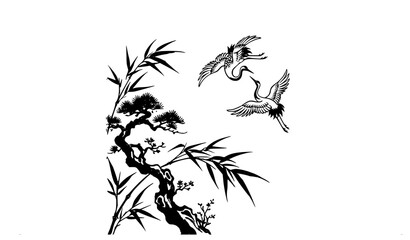 Fototapeta premium Minimal Chinese Bonsai Branch with Crane Birds and Bamboo Leaves