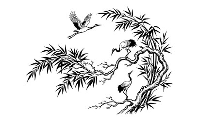 Fototapeta premium Chinese Bonsai Branch with Flying Cranes and Bamboo Botanical Vector