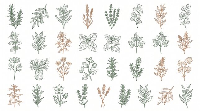 Botanical hand drawn herbs collection, vintage floral line art elements, green and terracotta botanical branch illustration set