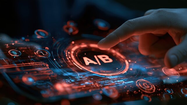 Finger touching glowing a/b testing button on a futuristic digital screen