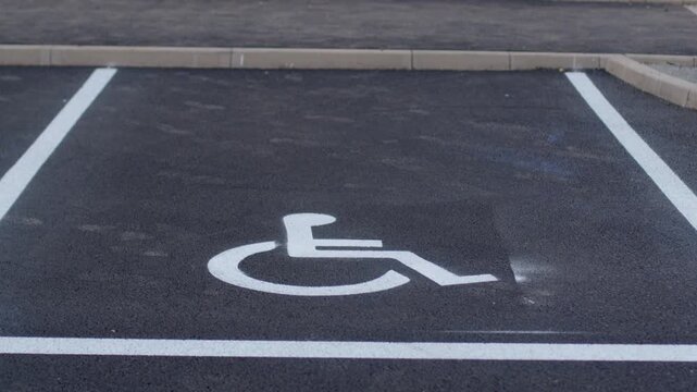 Empty outdoor parking bay marked with white wheelchair symbol on dark asphalt, curb and lane lines visible in daylight with soft diffuse light.