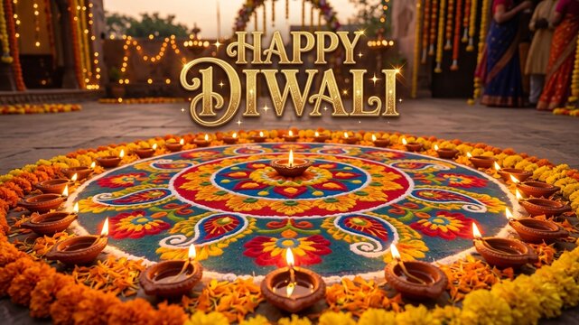 Vibrant traditional Diwali rangoli decorated with glowing clay diyas and marigold flower petals